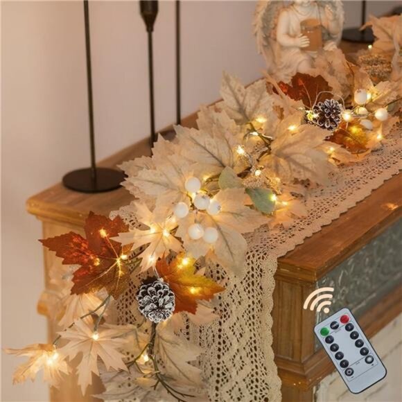 Fall Leaves Garland for Mantle: 6ft Fall Garland with 40 LED Lights - 8 modes - Picture 1 of 7